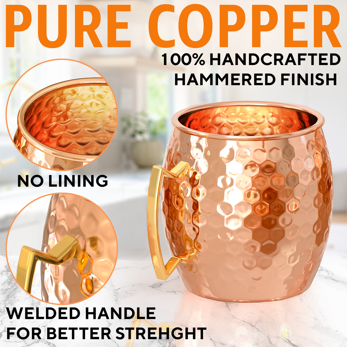 Moscow Mule Copper Mugs - Set of 4 - 100% HANDCRAFTED - Food Safe Pure Solid Copper Mugs - 16 oz Gift Set with BONUS: Highest Quality Cocktail Copper